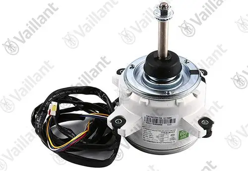 Vaillant Motor mit Kabelbaum, zu erkennen an der runden Struktur und einem zentralen Wellenansatz. Design für elektrische Anwendungen, vermutlich für Klimageräte oder Heizsysteme.